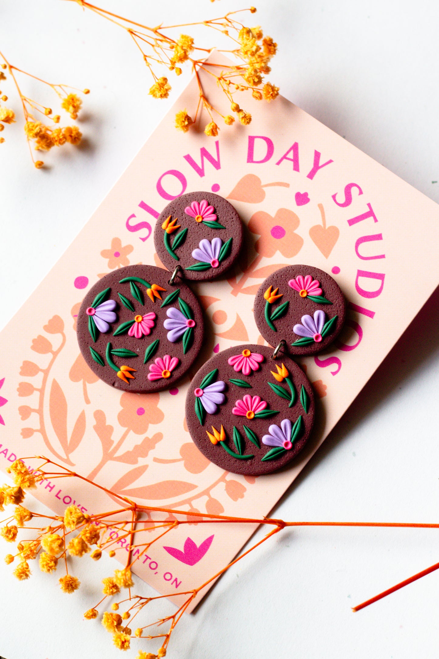 Brown Floral Polymer Clay Circle Dangle Earrings