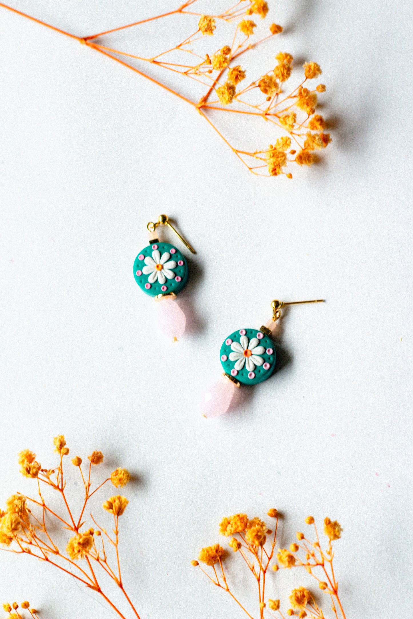 Daisy Beaded Dangle Earrings - Teal