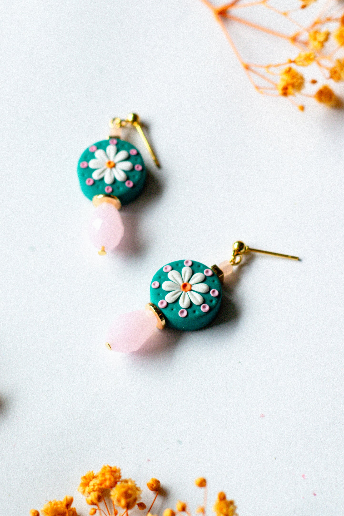 Daisy Beaded Dangle Earrings - Teal