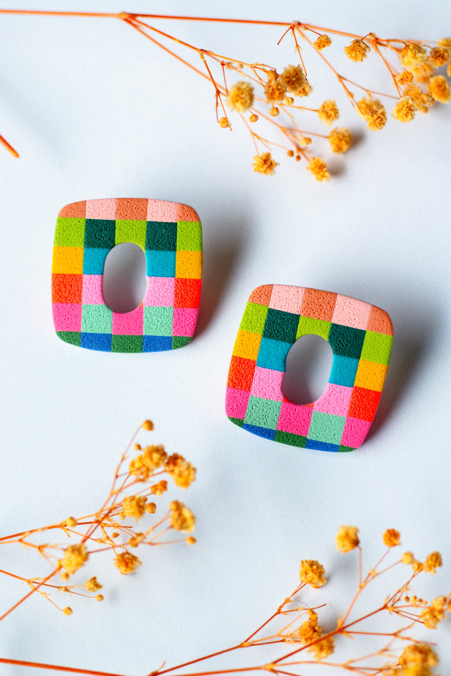 Rainbow Check Square Stud