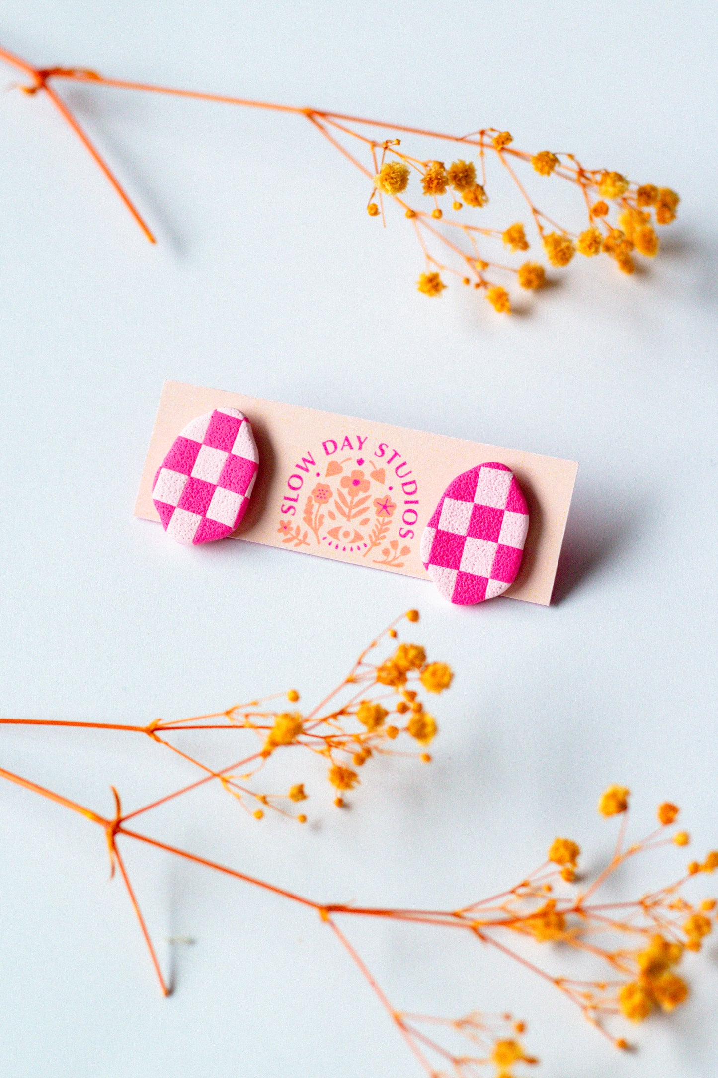 Checkerboard Organic Oval Stud // Pink Monochrome