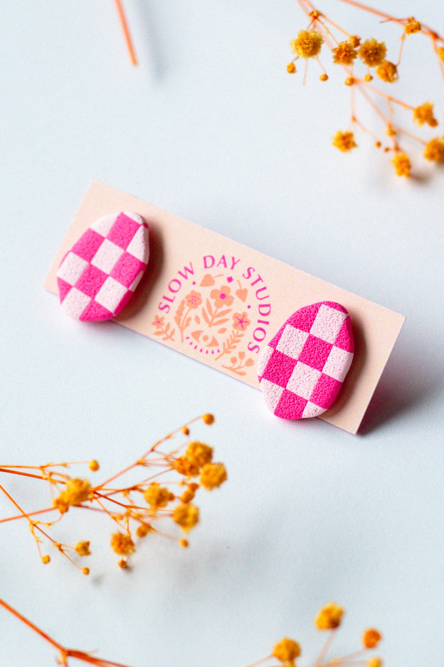 Checkerboard Organic Oval Stud // Pink Monochrome