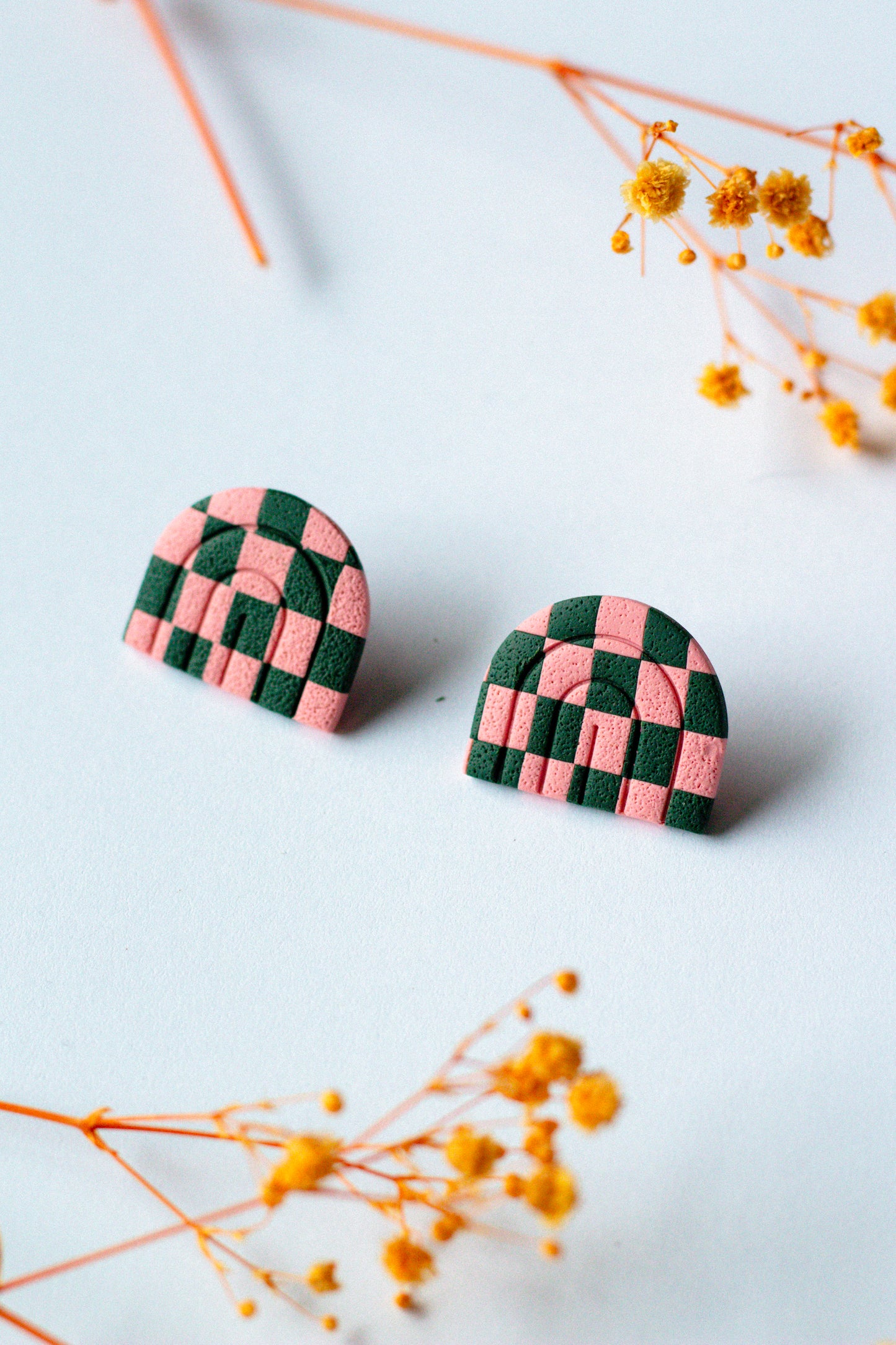 Textured Rainbow Arch Studs // Pink & Olive Green Checkerboard
