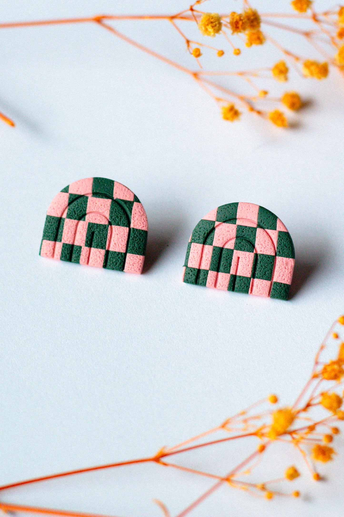 Textured Rainbow Arch Studs // Pink & Olive Green Checkerboard