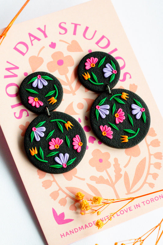 Black Floral Polymer Clay Circle Dangle Earrings