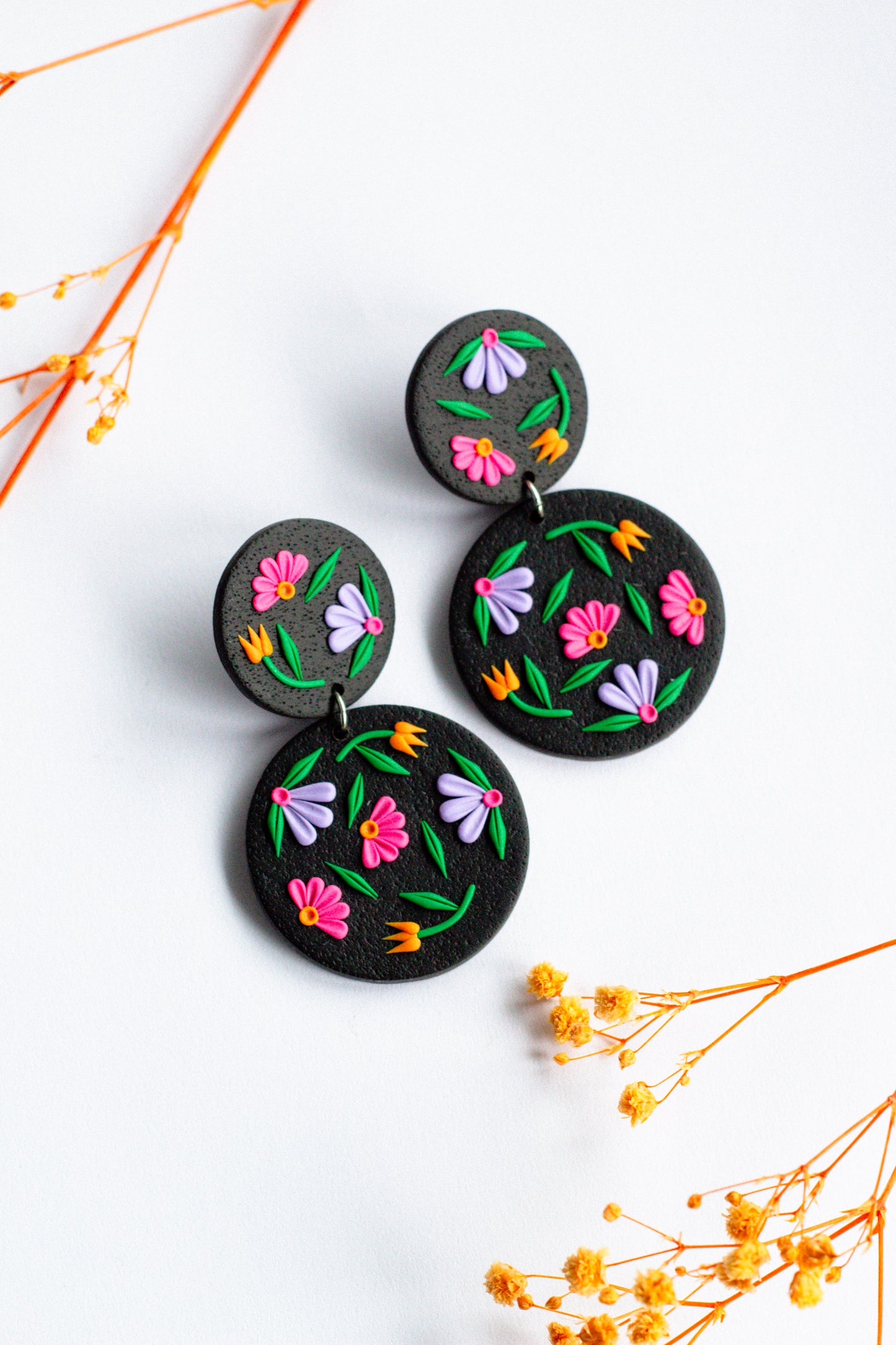 Black Floral Polymer Clay Circle Dangle Earrings