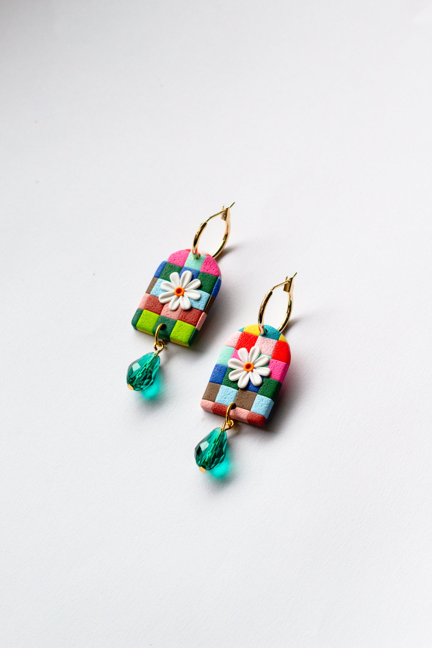 Rainbow Checkerboard Daisy Hoops