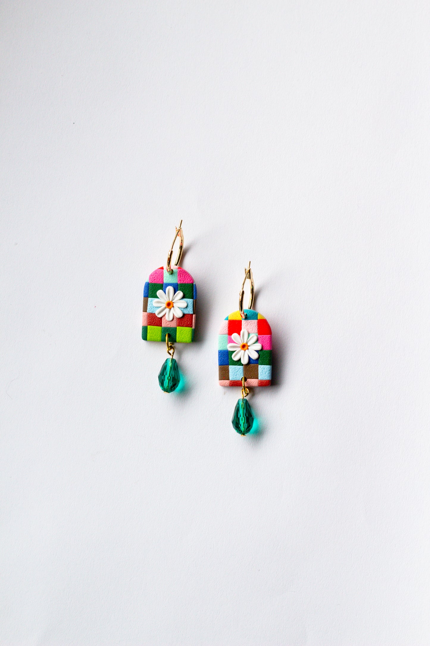 Rainbow Checkerboard Daisy Hoops