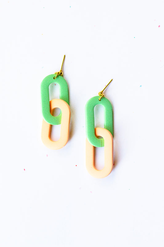 Oval Link Dangle Earrings // Light Green & Pastel Orange