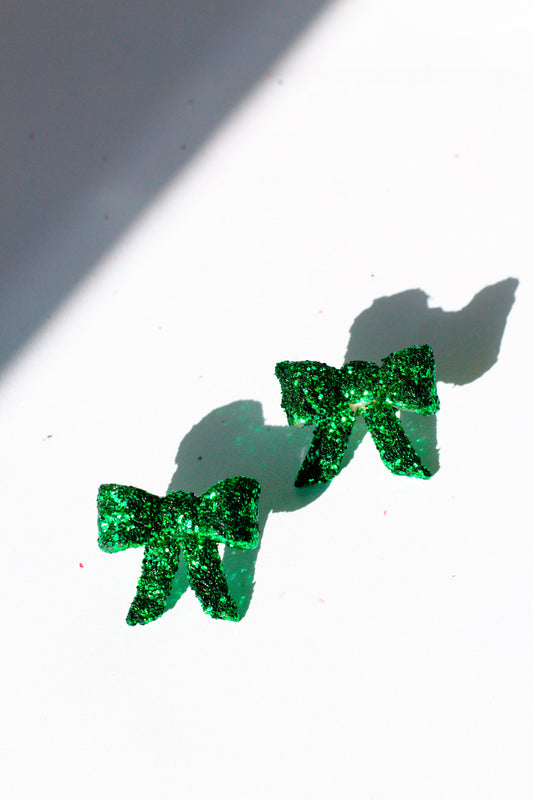 Pre-Order - Green Glitter Bow Stud (Two Sizes)