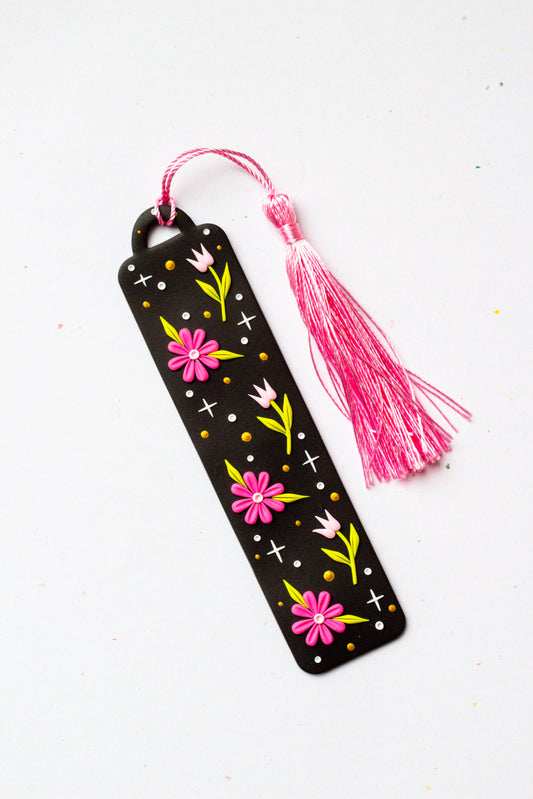 Floral Magic Bookmark 003 // Charcoal Grey with Pink Tassel