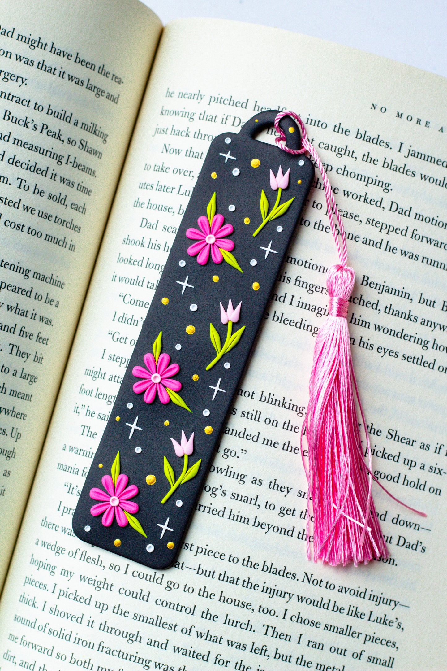 Floral Magic Bookmark 003 // Charcoal Grey with Pink Tassel