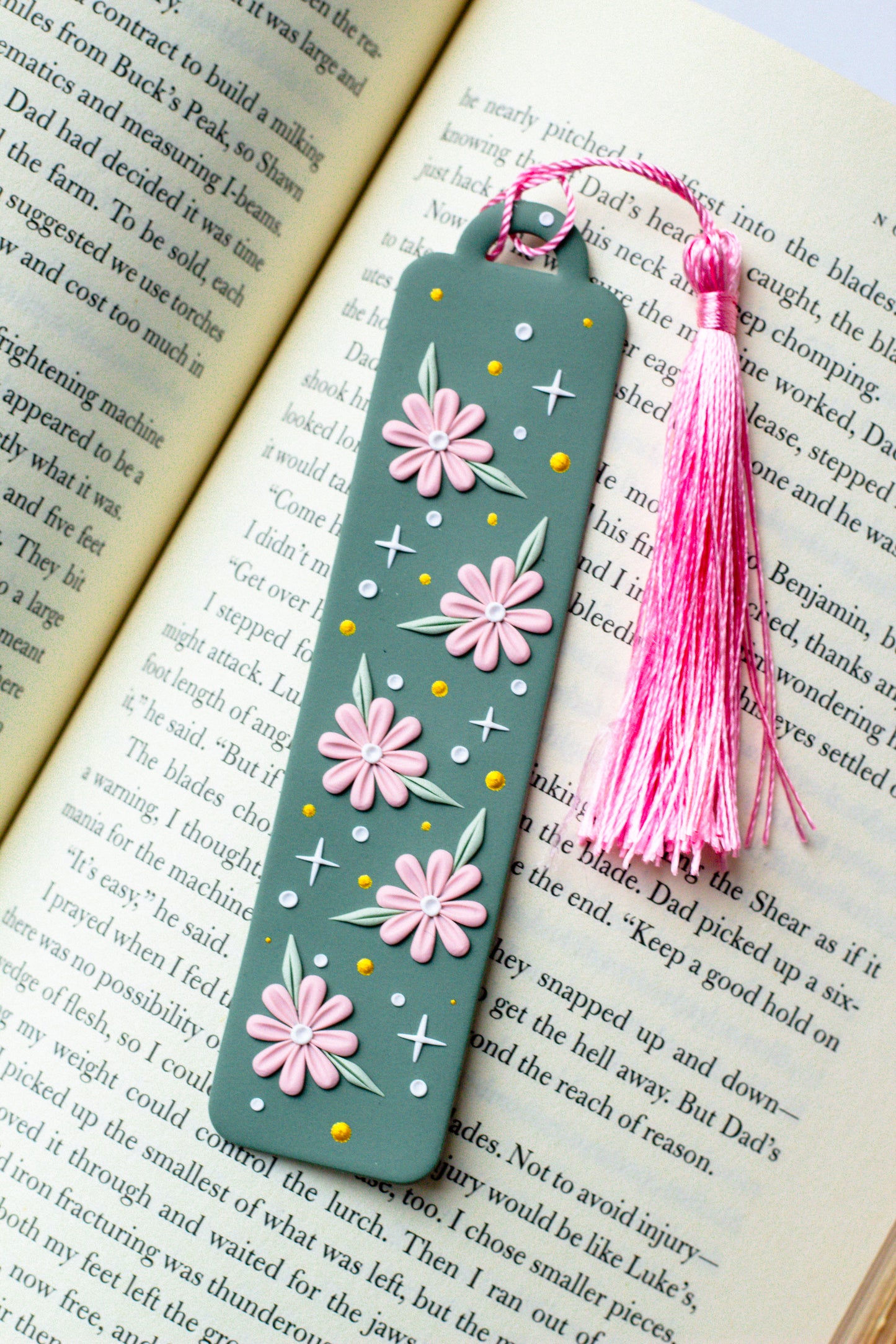 Floral Magic Bookmark 005 // Sage Green with Pink Tassel