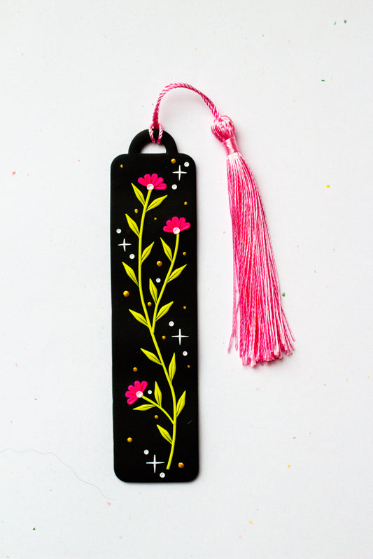 Floral Magic Bookmark 004 // Black with Pink Tassel