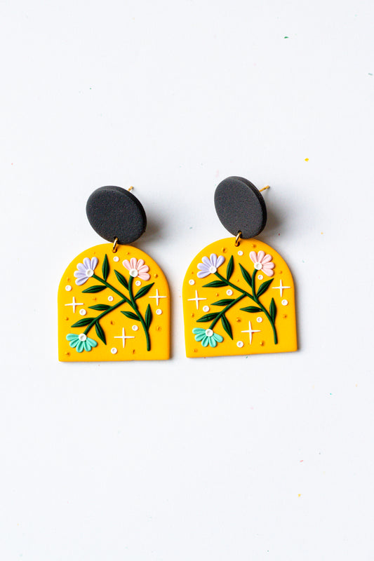 Whimsical Floral Arch Earrings - Mustard Yellow
