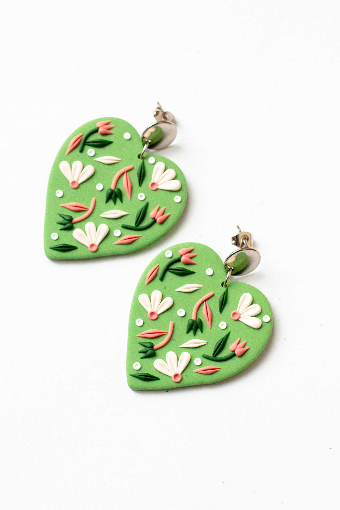 Floral Heart Clay Dangle Earrings // Speckled Sage