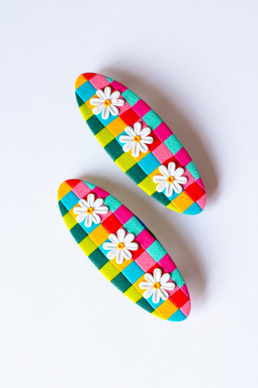 Rainbow Checkerboard Daisy Hair Barrette