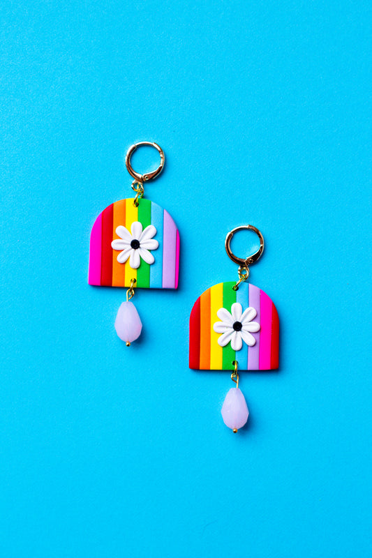 Polymer Clay Rainbow Stripe Daisy Earrings