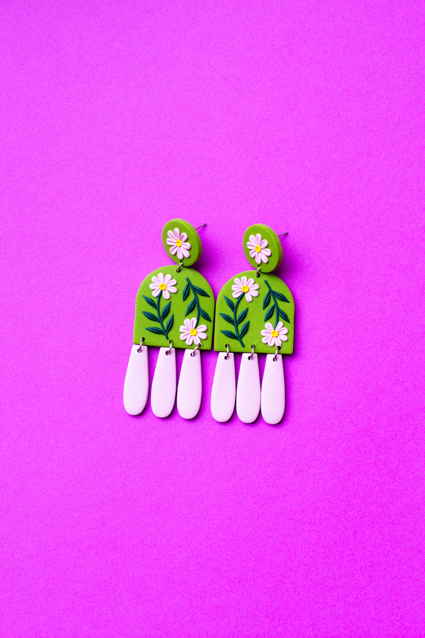 Floral Polymer Clay Dangle Statement Earrings // Olive Green & Lilac