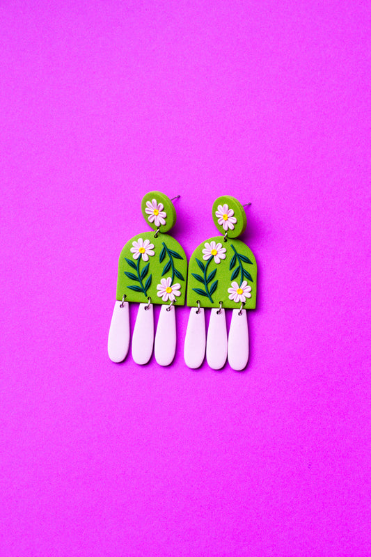 Floral Polymer Clay Dangle Statement Earrings // Olive Green & Lilac