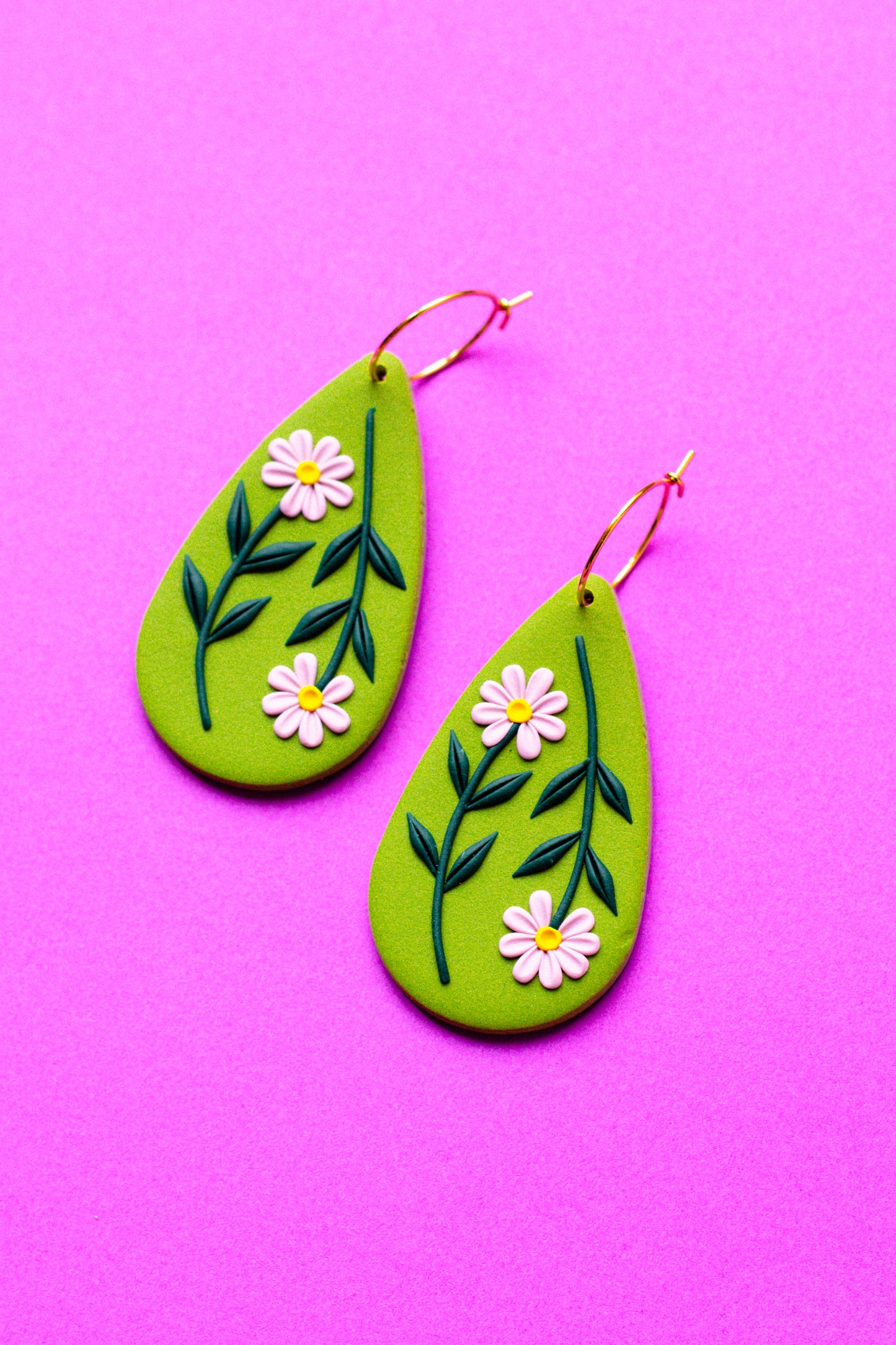 Floral Polymer Clay Teardrop Statement Hoop Earrings // Olive Green & Lilac