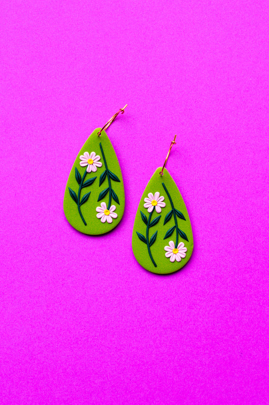 Floral Polymer Clay Teardrop Statement Hoop Earrings // Olive Green & Lilac