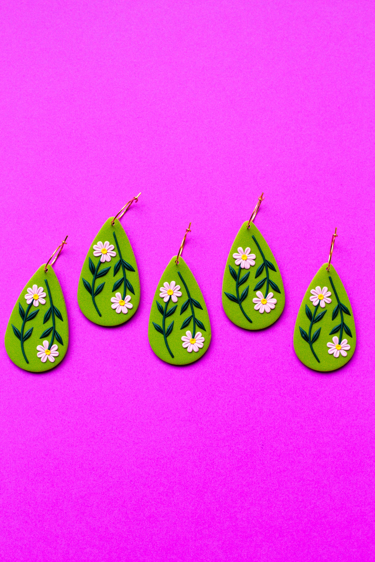 Floral Polymer Clay Teardrop Statement Hoop Earrings // Olive Green & Lilac