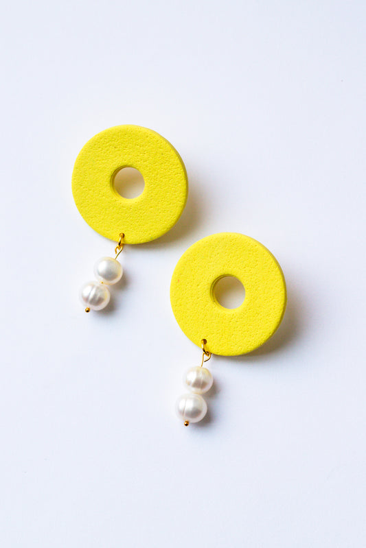 Polymer Clay Donut Statement Stud with Pearl Accents // Butter Yellow