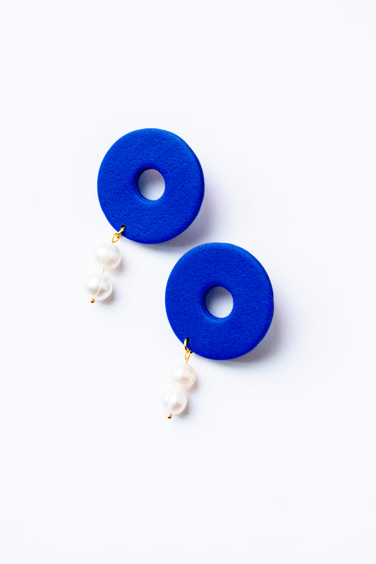 Polymer Clay Donut Statement Stud with Pearl Accents // Cobalt Blue