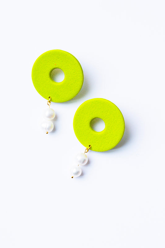 Polymer Clay Donut Statement Stud with Pearl Accents // Chartreuse