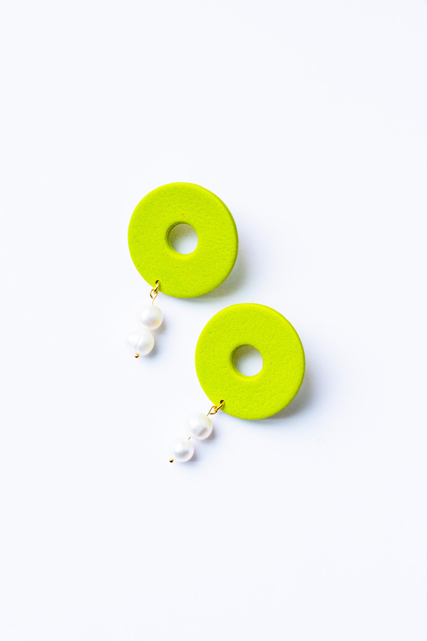 Polymer Clay Donut Statement Stud with Pearl Accents // Chartreuse