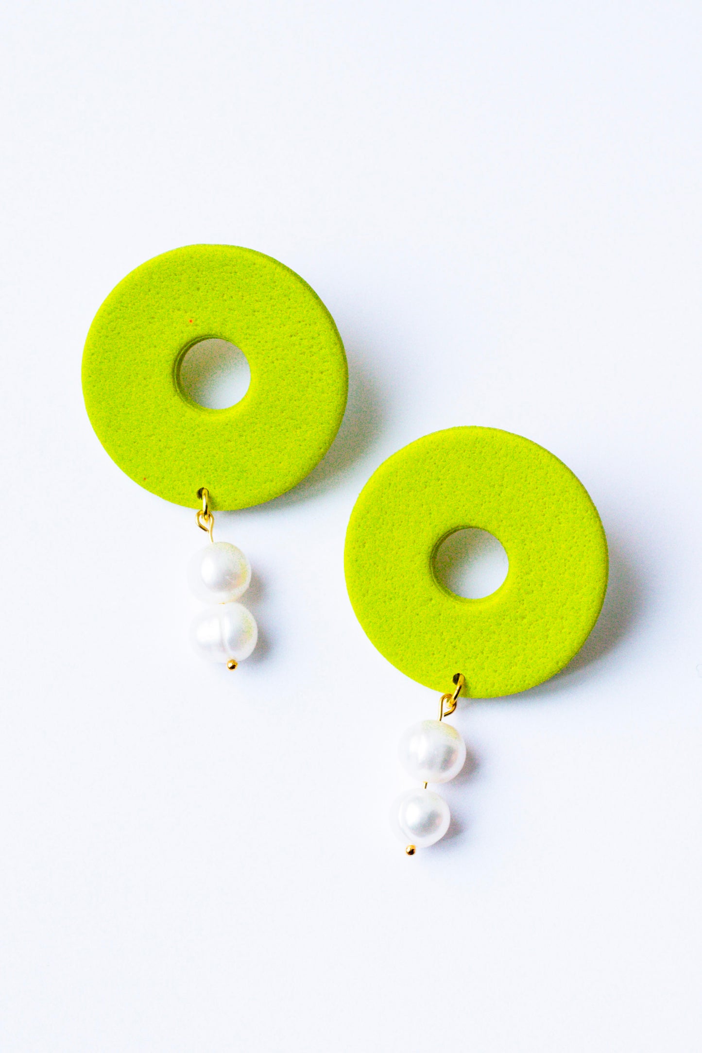 Polymer Clay Donut Statement Stud with Pearl Accents // Chartreuse