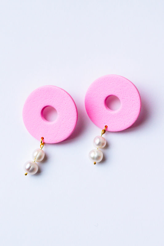 Polymer Clay Donut Statement Stud with Pearl Accents // Light Pink
