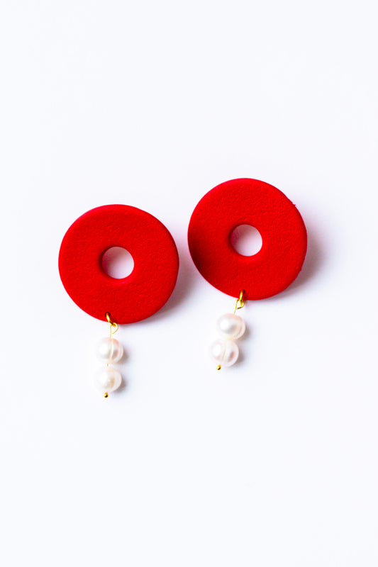 Polymer Clay Donut Statement Stud with Pearl Accents // Red