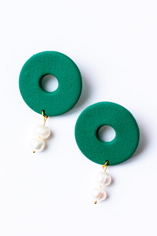 Polymer Clay Donut Statement Stud with Pearl Accents // Forest Green