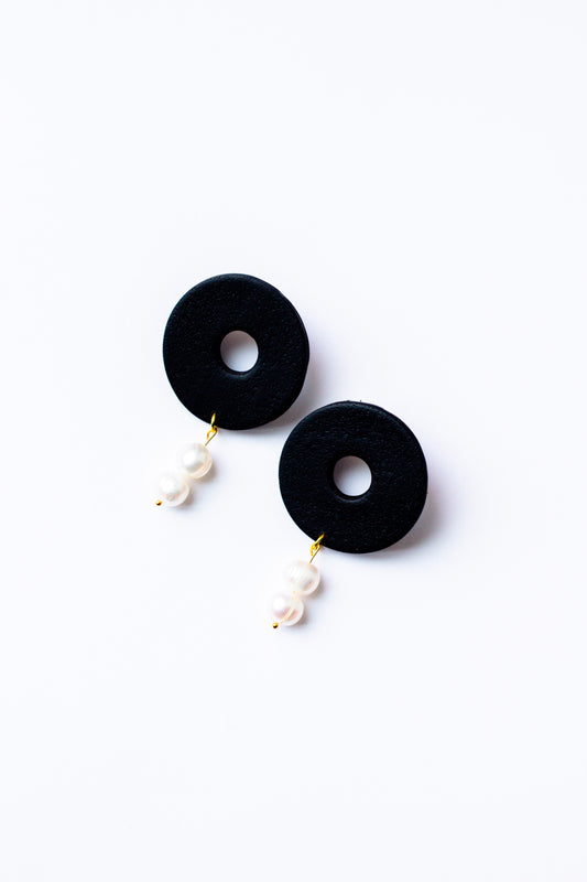 Polymer Clay Donut Statement Stud with Pearl Accents // Black