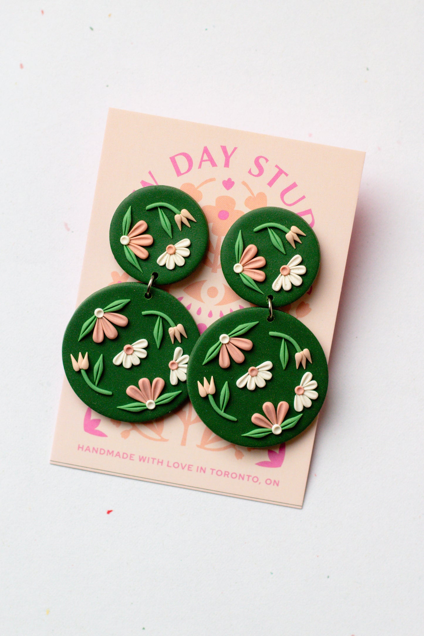 Forest Green Floral Polymer Clay Circle Dangle Earrings