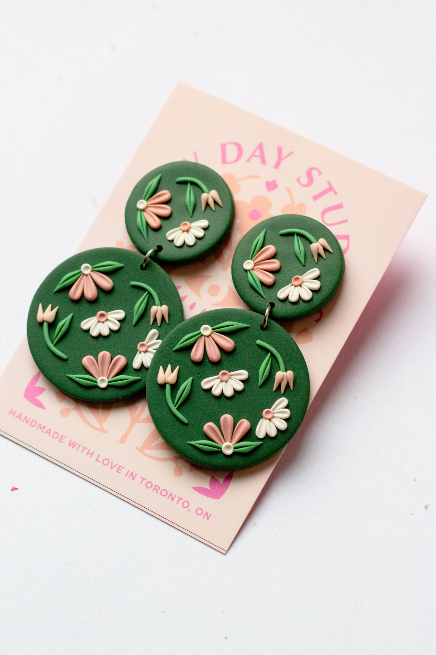 Forest Green Floral Polymer Clay Circle Dangle Earrings