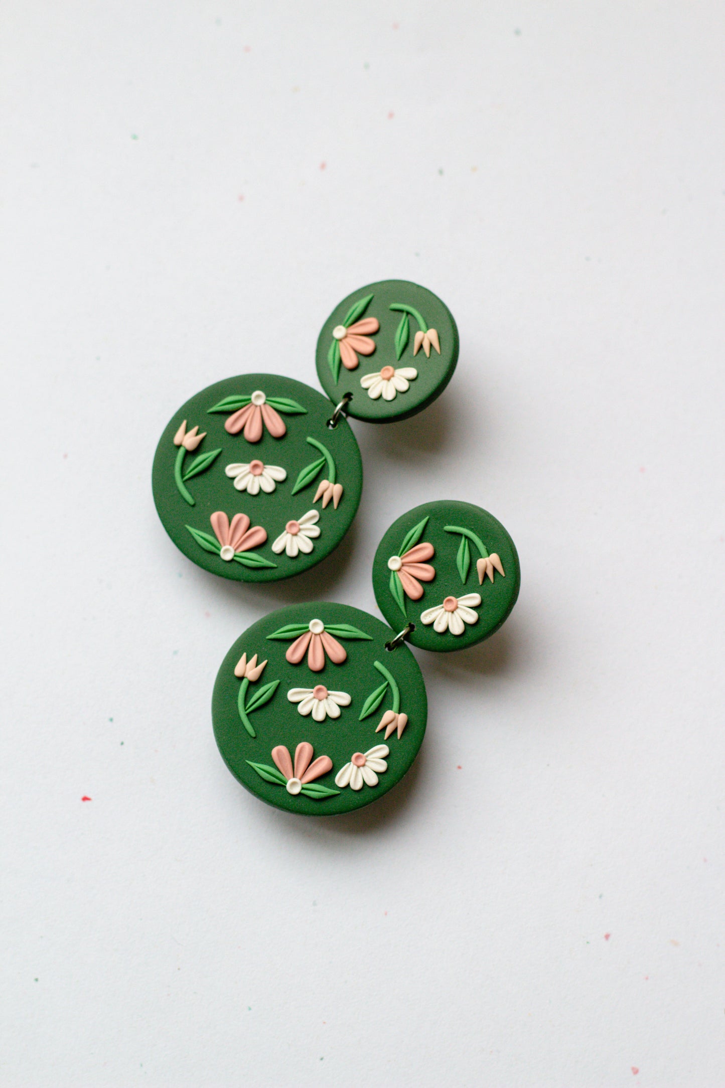Forest Green Floral Polymer Clay Circle Dangle Earrings
