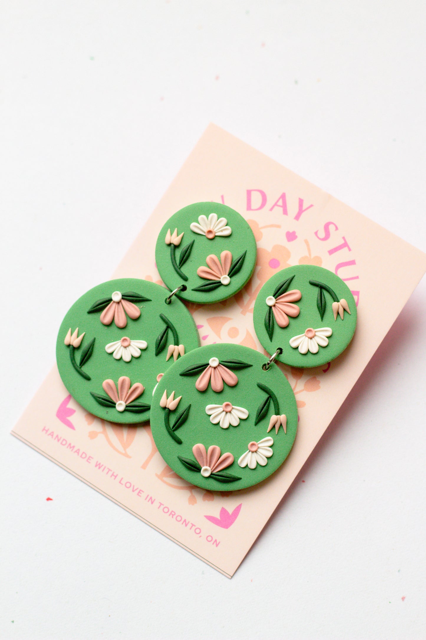 Sage Green Floral Polymer Clay Circle Dangle Earrings