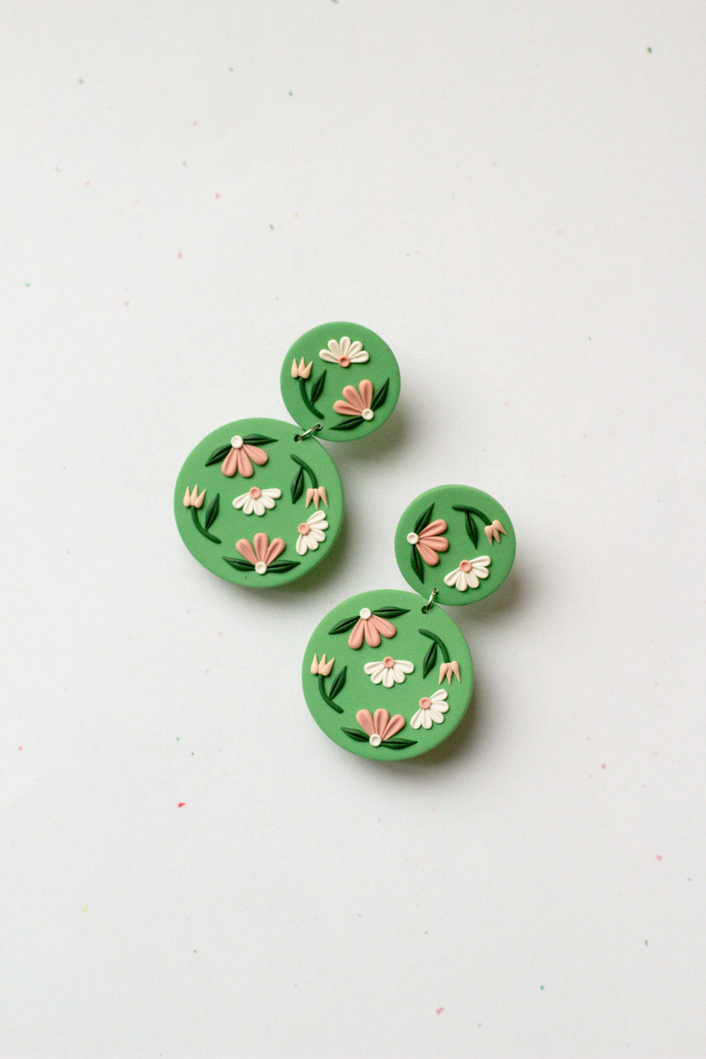 Sage Green Floral Polymer Clay Circle Dangle Earrings