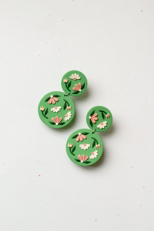 Sage Green Floral Polymer Clay Circle Dangle Earrings