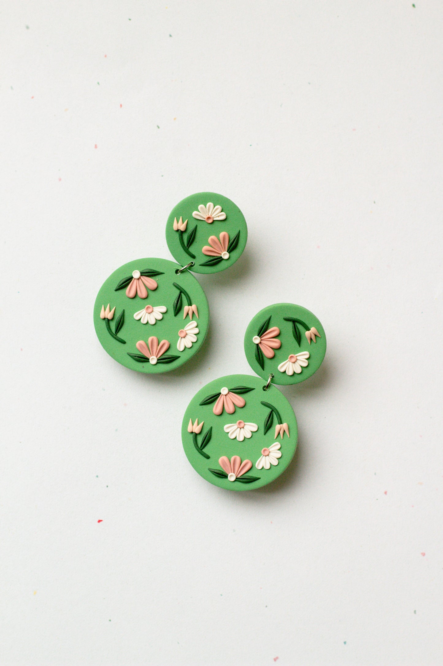 Sage Green Floral Polymer Clay Circle Dangle Earrings
