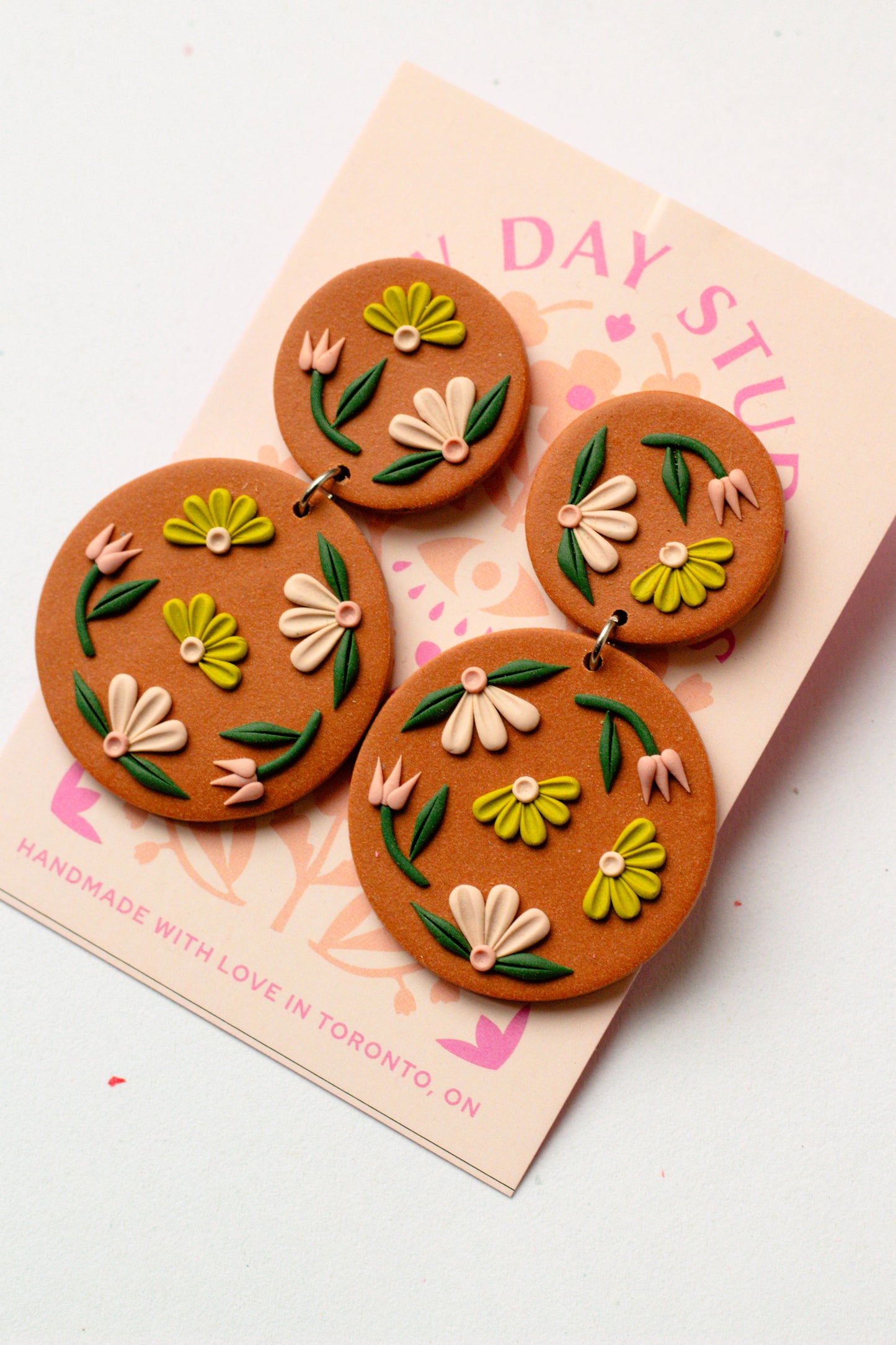 Terracotta Floral Polymer Clay Circle Dangle Earrings