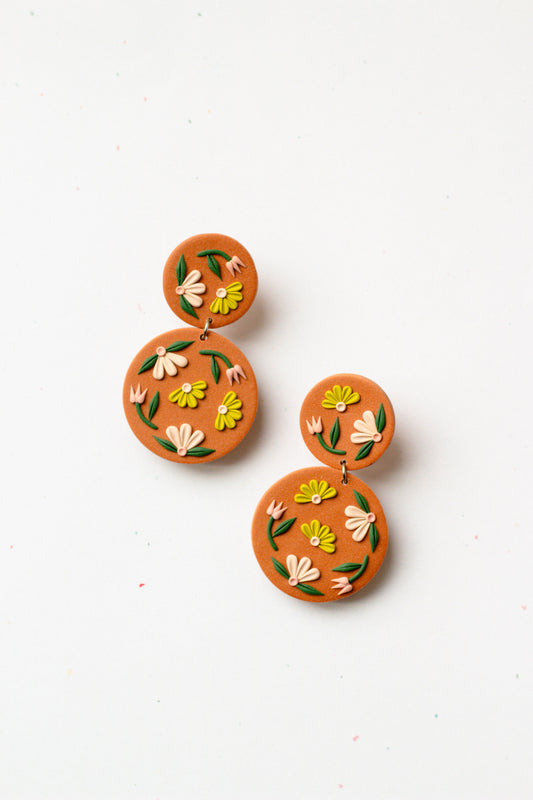 Terracotta Floral Polymer Clay Circle Dangle Earrings