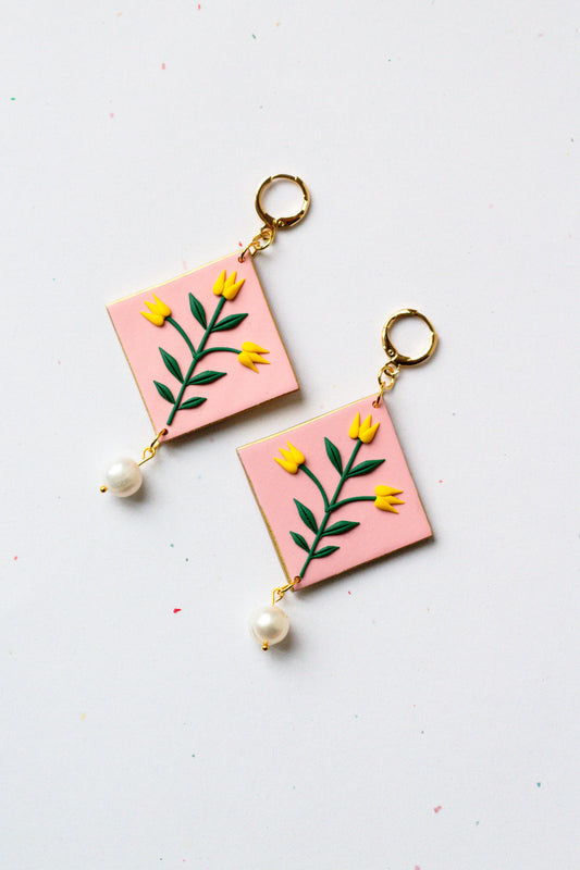 Statement Polymer Clay Tulip Huggie Earrings - Pink