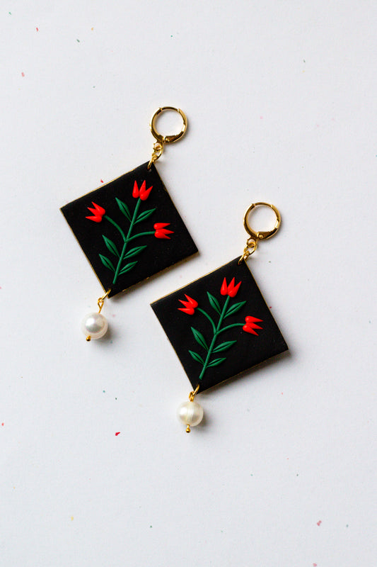 Statement Polymer Clay Tulip Huggie Earrings - Black