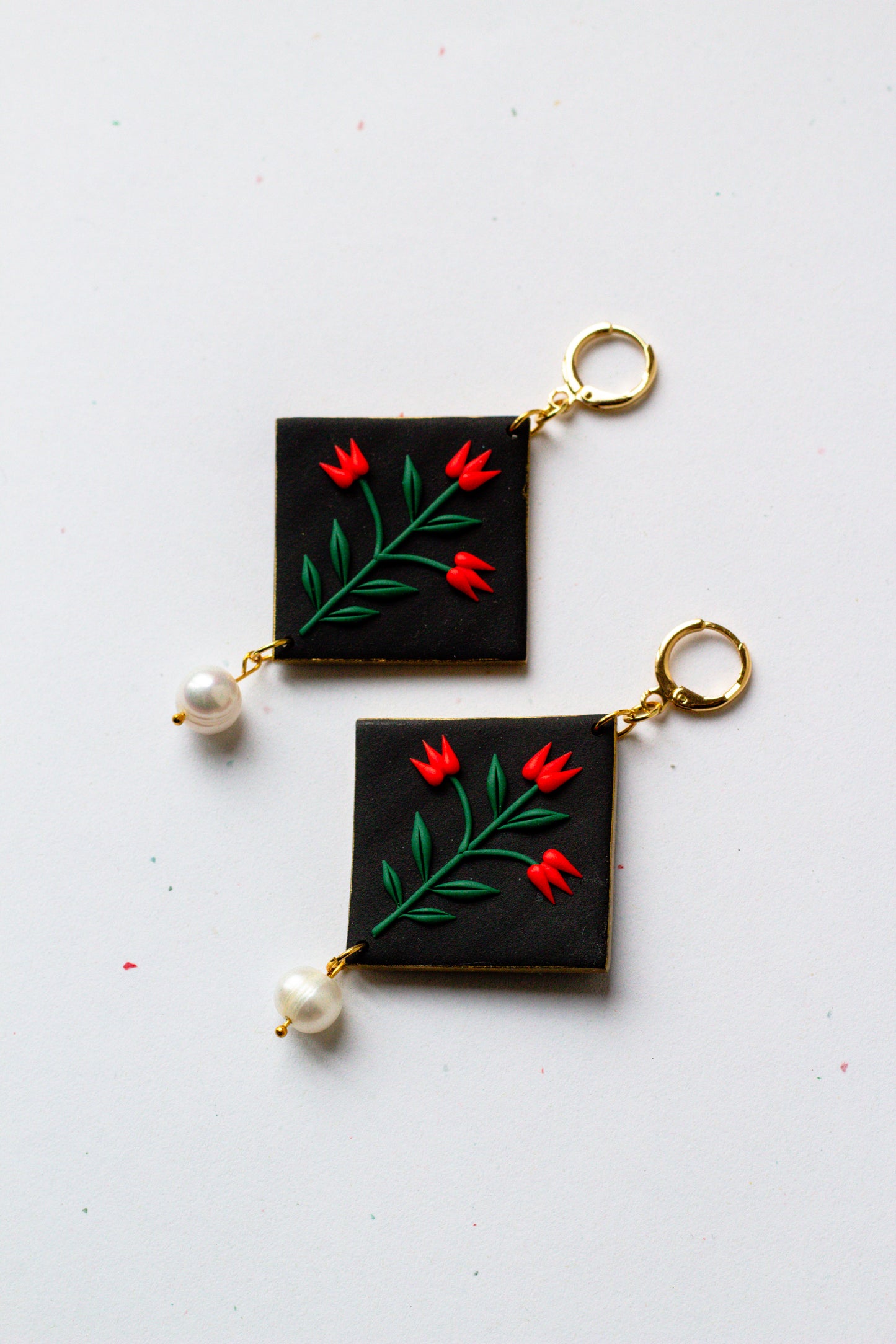 Statement Polymer Clay Tulip Huggie Earrings - Black