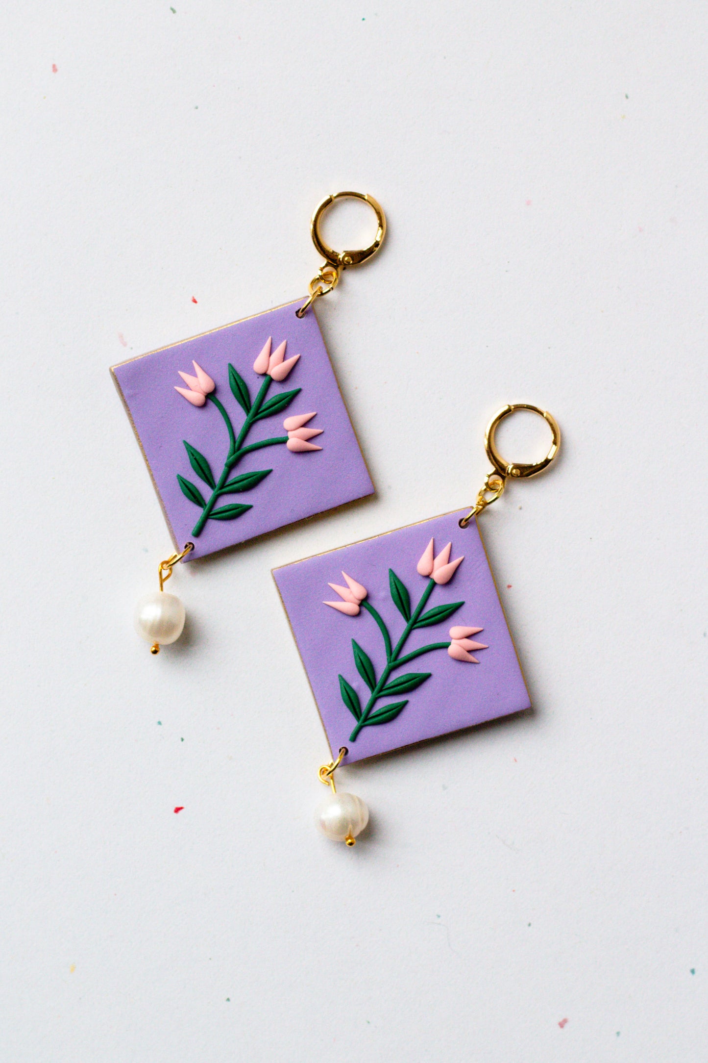 Statement Polymer Clay Tulip Huggie Earrings - Purple