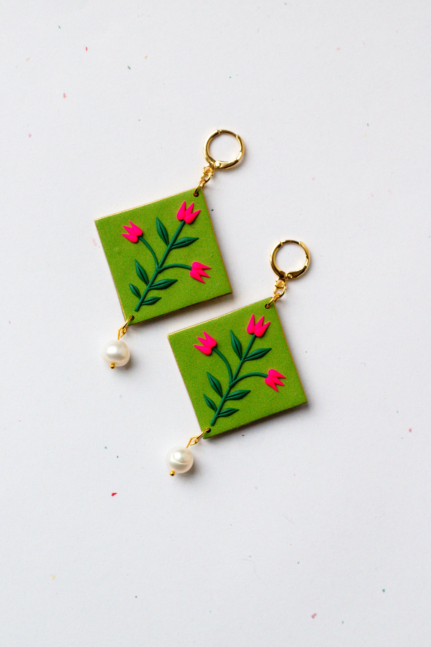 Statement Polymer Clay Tulip Huggie Earrings - Olive Green